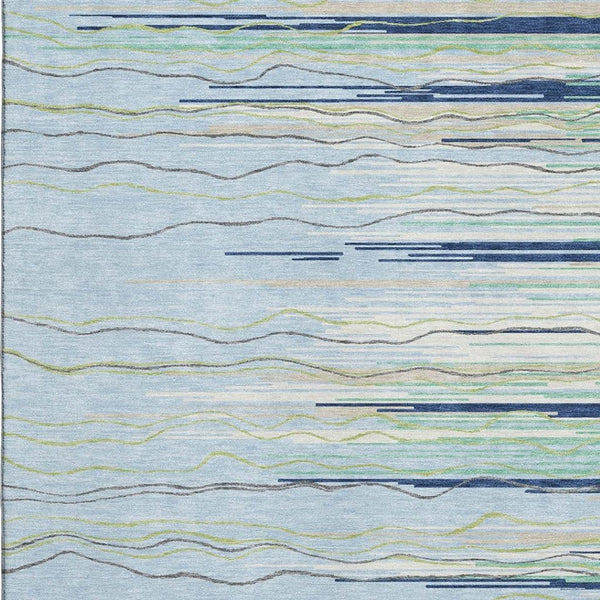 HomeRoots 5' Sky Blue, Olive Green & Ivory Striped Washable Area Rug - UV Protected, Soft & Durable Design 678415