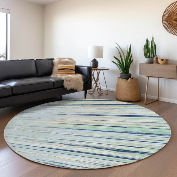 HomeRoots 8' Washable Round Rug in Sky Blue, Olive Green & Ivory – UV Protected for Indoor & Outdoor Use 678416