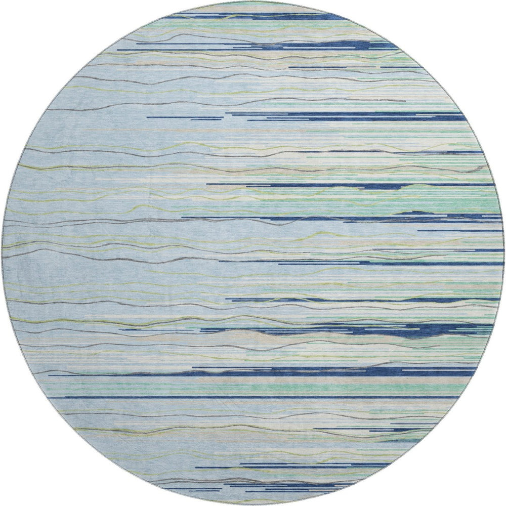 HomeRoots 8' Washable Round Rug in Sky Blue, Olive Green & Ivory – UV Protected for Indoor & Outdoor Use 678416
