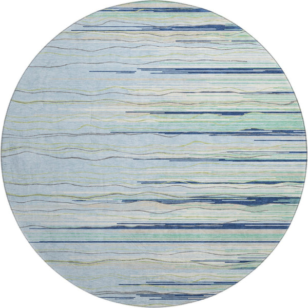 HomeRoots 8' Washable Round Rug in Sky Blue, Olive Green & Ivory – UV Protected for Indoor & Outdoor Use 678416