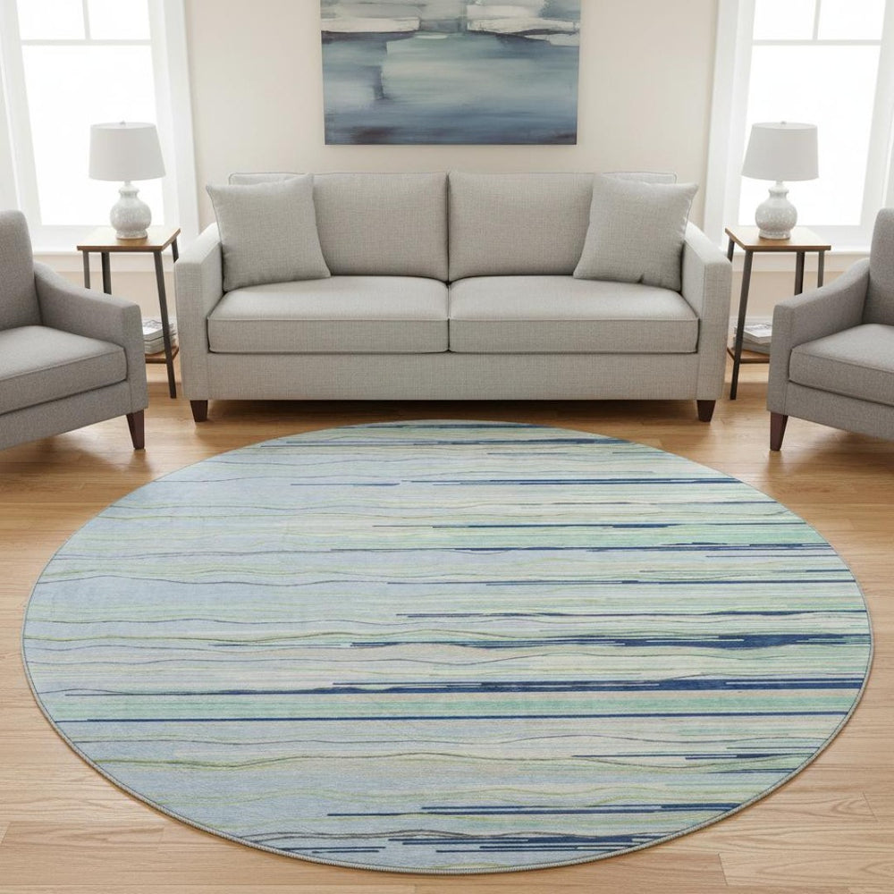 HomeRoots 8' Washable Round Rug in Sky Blue, Olive Green & Ivory – UV Protected for Indoor & Outdoor Use 678416