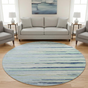HomeRoots 8' Washable Round Rug in Sky Blue, Olive Green & Ivory – UV Protected for Indoor & Outdoor Use 678416