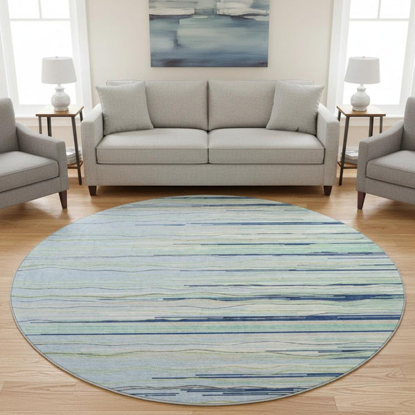 HomeRoots 8' Washable Round Rug in Sky Blue, Olive Green & Ivory – UV Protected for Indoor & Outdoor Use 678416