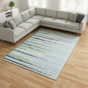 HomeRoots 8' X 10' Striped Washable Area Rug in Sky Blue, Olive Green & Ivory - UV Protected & Durable Design 678417