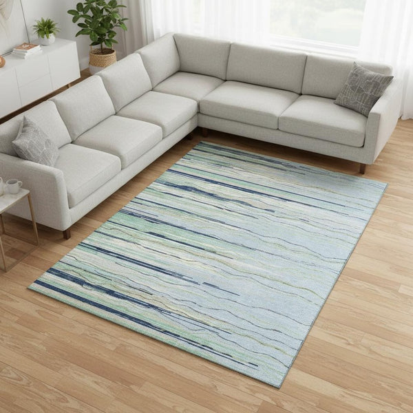 HomeRoots 9' X 12' Striped Washable Area Rug in Sky Blue, Olive Green & Ivory - UV Protected for High-Traffic Areas 678418