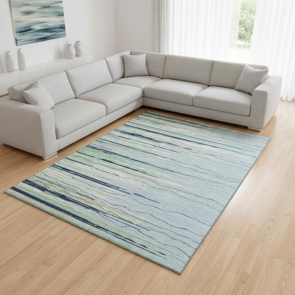 HomeRoots 10' X 14' Striped Area Rug in Sky Blue, Olive Green & Ivory - Washable, UV-Protected & Stain-Resistant! 678419