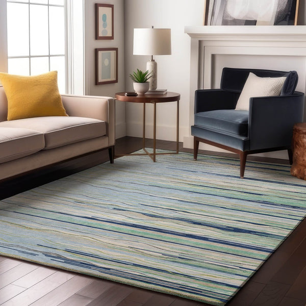 HomeRoots 10' X 14' Striped Area Rug in Sky Blue, Olive Green & Ivory - Washable, UV-Protected & Stain-Resistant! 678419