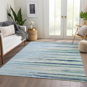 HomeRoots 10' X 14' Striped Area Rug in Sky Blue, Olive Green & Ivory - Washable, UV-Protected & Stain-Resistant! 678419