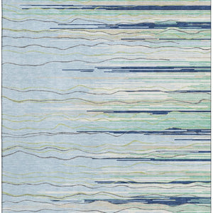 HomeRoots 10' X 14' Striped Area Rug in Sky Blue, Olive Green & Ivory - Washable, UV-Protected & Stain-Resistant! 678419