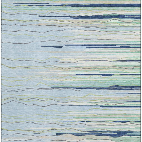HomeRoots 10' X 14' Striped Area Rug in Sky Blue, Olive Green & Ivory - Washable, UV-Protected & Stain-Resistant! 678419