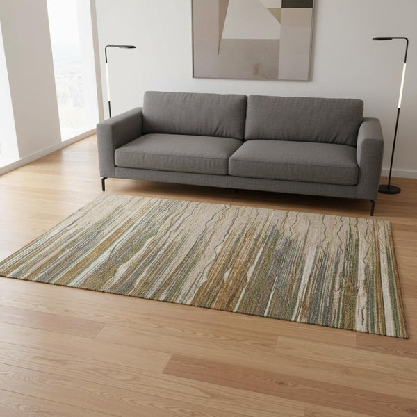 HomeRoots 5' X 8' Versatile Taupe Green & Rust Striped Washable Area Rug with UV Protection for Active Homes 678421