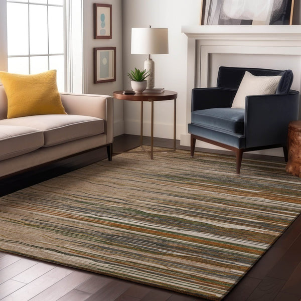 HomeRoots 5' X 8' Versatile Taupe Green & Rust Striped Washable Area Rug with UV Protection for Active Homes 678421
