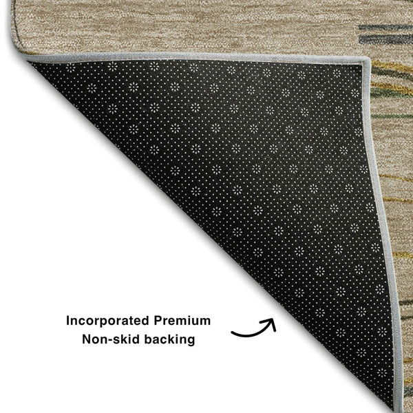 HomeRoots 5' X 8' Versatile Taupe Green & Rust Striped Washable Area Rug with UV Protection for Active Homes 678421