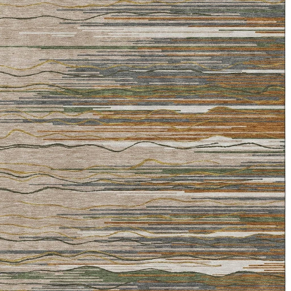 HomeRoots 5' X 8' Versatile Taupe Green & Rust Striped Washable Area Rug with UV Protection for Active Homes 678421