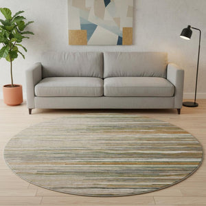 HomeRoots 8' Washable Round Rug in Taupe, Green & Rust Stripes - Durable, UV-Protected, Stain-Resistant Design 678422