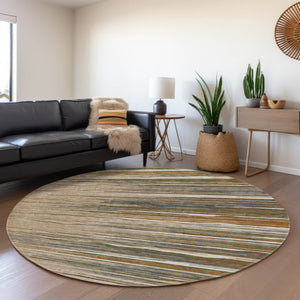 HomeRoots 8' Washable Round Rug in Taupe, Green & Rust Stripes - Durable, UV-Protected, Stain-Resistant Design 678422