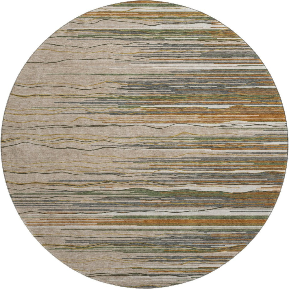 HomeRoots 8' Washable Round Rug in Taupe, Green & Rust Stripes - Durable, UV-Protected, Stain-Resistant Design 678422