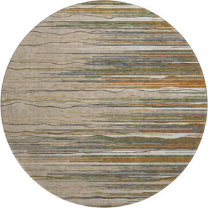 HomeRoots 8' Washable Round Rug in Taupe, Green & Rust Stripes - Durable, UV-Protected, Stain-Resistant Design 678422