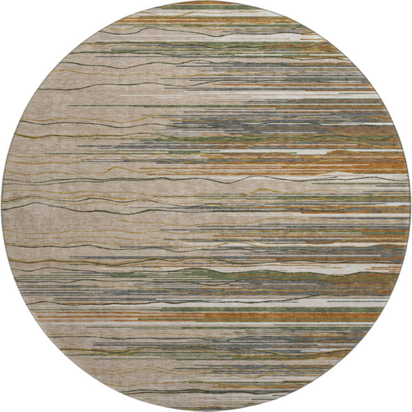 HomeRoots 8' Washable Round Rug in Taupe, Green & Rust Stripes - Durable, UV-Protected, Stain-Resistant Design 678422