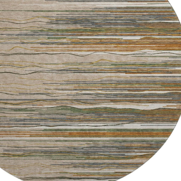 HomeRoots 8' Washable Round Rug in Taupe, Green & Rust Stripes - Durable, UV-Protected, Stain-Resistant Design 678422