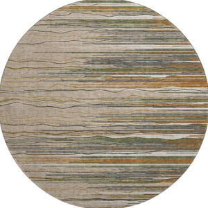 HomeRoots 8' Washable Round Rug in Taupe, Green & Rust Stripes - Durable, UV-Protected, Stain-Resistant Design 678422