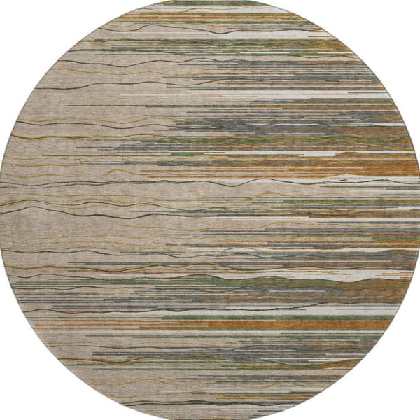 HomeRoots 8' Washable Round Rug in Taupe, Green & Rust Stripes - Durable, UV-Protected, Stain-Resistant Design 678422