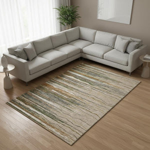 HomeRoots 8' X 10' Striped Area Rug in Taupe, Green & Rust – Washable, UV-Protected & Pet-Friendly Design 678423