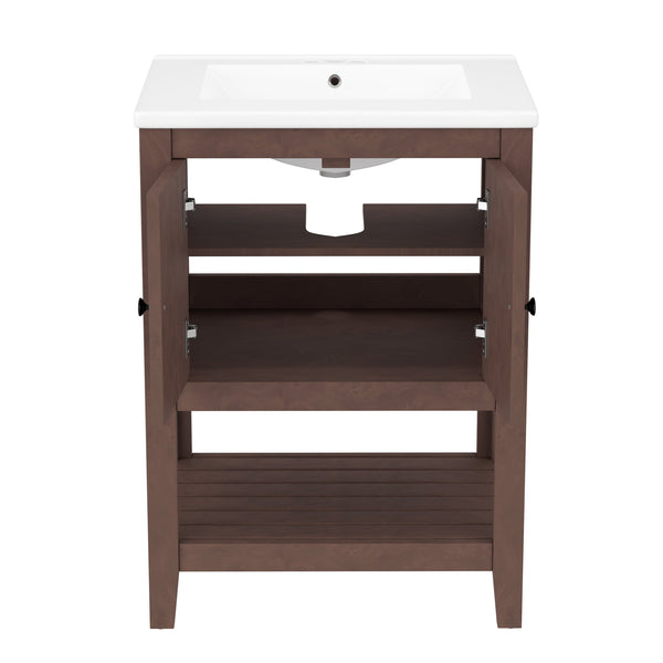 English Elm 24" Modern Sleek Bathroom Vanity with Ceramic Sink, Solid Wood Frame, Waterproof Finish and Open Shelf Storage Brown N725P246473D