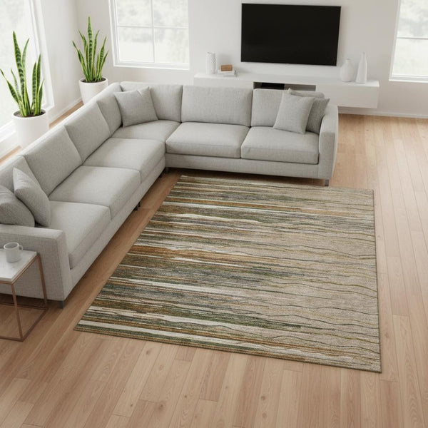 HomeRoots 9' X 12' Washable Area Rug in Striking Taupe, Green & Rust Stripes – Perfect for Family Homes! 678424