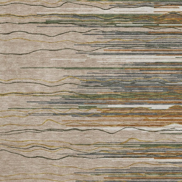 HomeRoots 9' X 12' Washable Area Rug in Striking Taupe, Green & Rust Stripes – Perfect for Family Homes! 678424