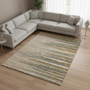 HomeRoots 10' X 14' Taupe Green & Rust Striped Area Rug - Washable, UV Protected & Ideal for Family Spaces! 678425