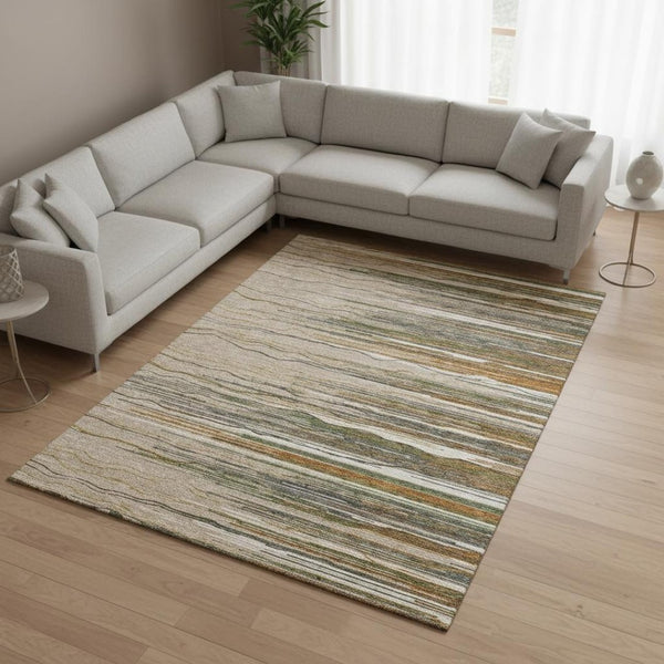 HomeRoots 10' X 14' Taupe Green & Rust Striped Area Rug - Washable, UV Protected & Ideal for Family Spaces! 678425