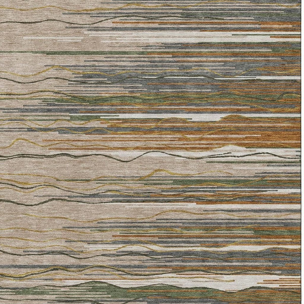 HomeRoots 10' X 14' Taupe Green & Rust Striped Area Rug - Washable, UV Protected & Ideal for Family Spaces! 678425
