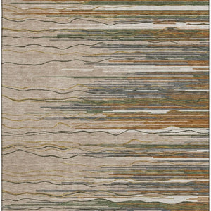 HomeRoots 10' X 14' Taupe Green & Rust Striped Area Rug - Washable, UV Protected & Ideal for Family Spaces! 678425