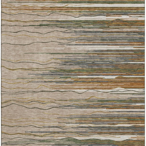 HomeRoots 10' X 14' Taupe Green & Rust Striped Area Rug - Washable, UV Protected & Ideal for Family Spaces! 678425