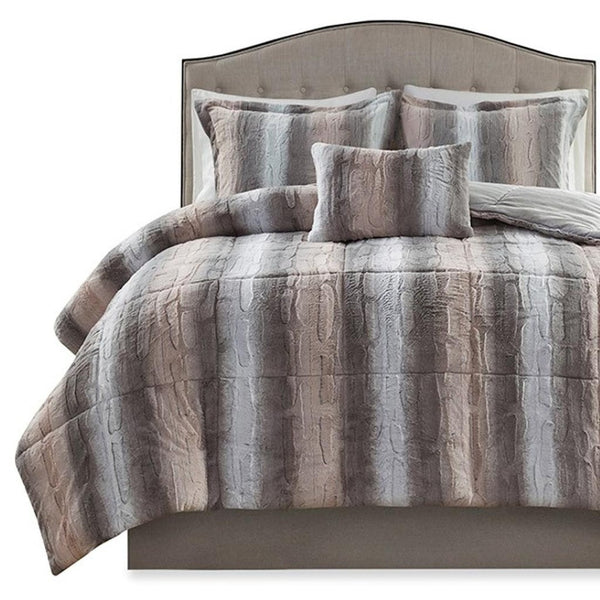 HomeRoots Set of Four Chic Gray and Pink Striped Queen Bedding Ensemble with Ring Stitch Comforter & Shams 678426