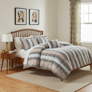 HomeRoots Set of Four Chic Gray and Pink Striped Queen Bedding Ensemble with Ring Stitch Comforter & Shams 678426