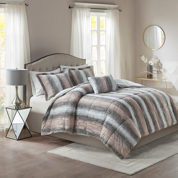 HomeRoots Set of Four Chic Gray and Pink Striped Queen Bedding Ensemble with Ring Stitch Comforter & Shams 678426