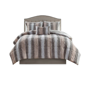 HomeRoots Set of Four Chic Gray and Pink Striped Queen Bedding Ensemble with Ring Stitch Comforter & Shams 678426