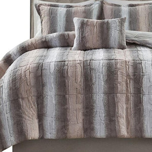 HomeRoots Set of Four Chic Gray and Pink Striped Queen Bedding Ensemble with Ring Stitch Comforter & Shams 678426