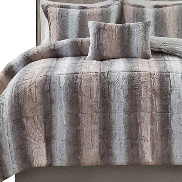 HomeRoots Set of Four Chic Gray and Pink Striped Queen Bedding Ensemble with Ring Stitch Comforter & Shams 678426