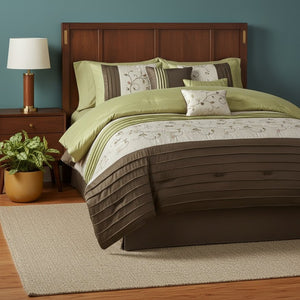 HomeRoots Set of Seven Green and Brown Floral King Bedding Ensemble - Cozy, Durable, Mid-Century Modern Style 678427