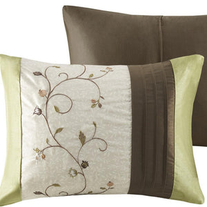 HomeRoots Set of Seven Elegant Green and Brown Floral King Bedding Set with Ring Stitch Comforter & Shams 678428