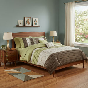 HomeRoots Set of Seven Elegant Green and Brown Floral King Bedding Set with Ring Stitch Comforter & Shams 678428