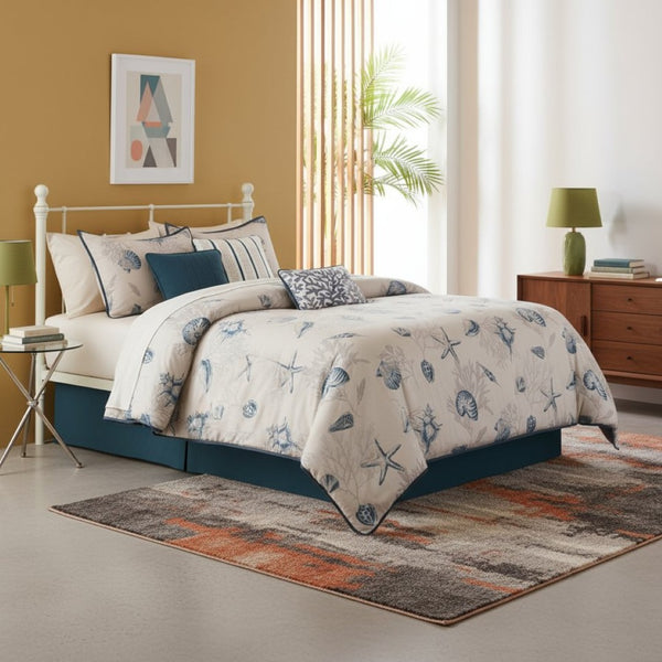 HomeRoots Set of Seven Blue and Ivory King Bedding Ensemble - Luxurious Ring Stitch Comforter & Shams 678431