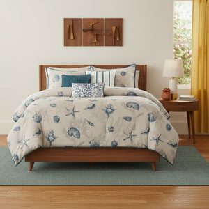 HomeRoots Set of Seven Blue and Ivory King Bedding Ensemble - Luxurious Ring Stitch Comforter & Shams 678431