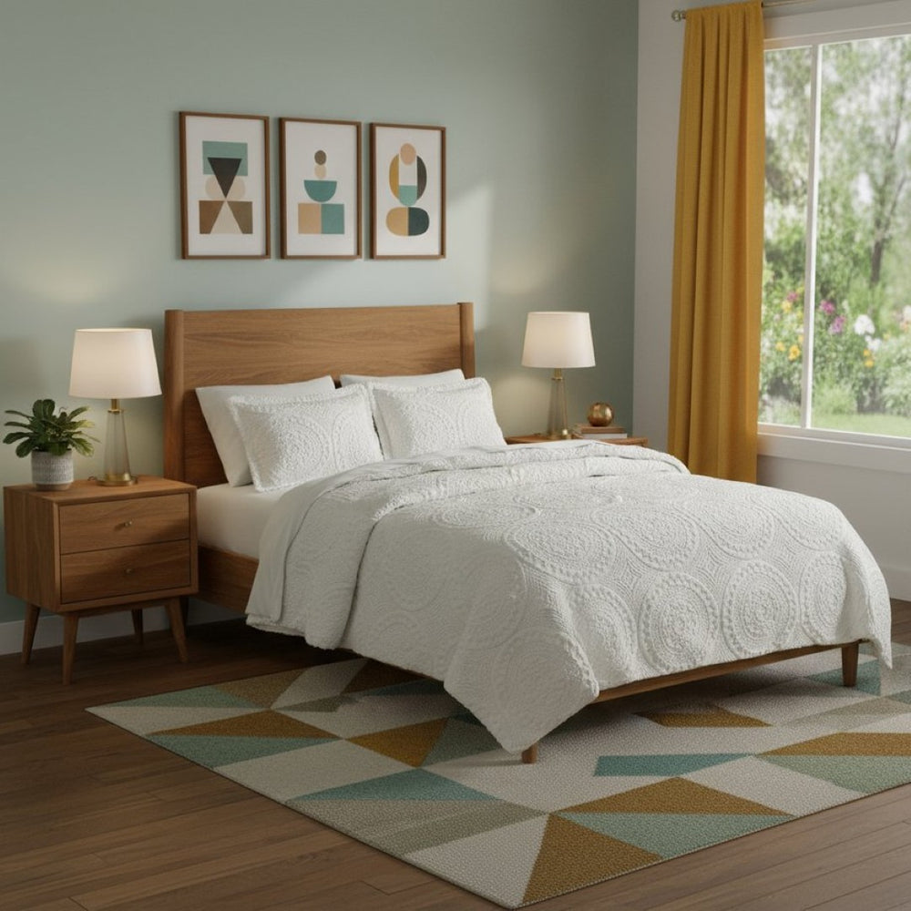 HomeRoots Set of Two Ivory Medallion Twin Bedding Set – Luxurious Comforter & Sham for Modern Elegance 678432
