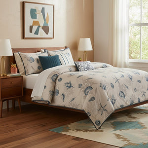 HomeRoots Set of Seven Coastal Luxury King Comforter & Sham in Blue Ivory Shells & Starfish Design 678433