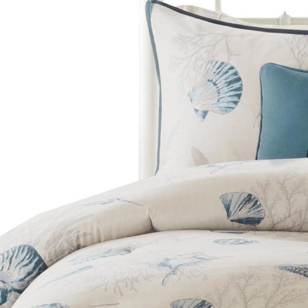 HomeRoots Set of Seven Coastal Luxury King Comforter & Sham in Blue Ivory Shells & Starfish Design 678433