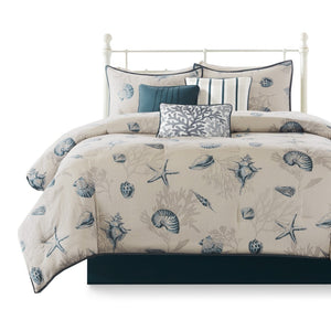 HomeRoots Set of Seven Queen Bedding in Blue and Ivory - Soft Cotton Comforter with Ring Stitch Design 678434